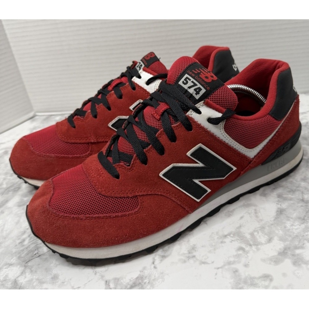 Men's Size 12 New Balance 574 Red Suede & Black Comfort Running Casual Shoes